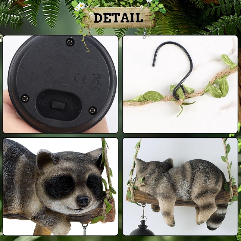 ZaaYee Solar Lighted Garden Outdoor Statue, 20.1" H Hanging Swing Lying with A Sleeping Raccoon and A LED Lantern, Resin Animal Figurine Hanging Ornaments with Hook for Decoration & Gift - Image 4